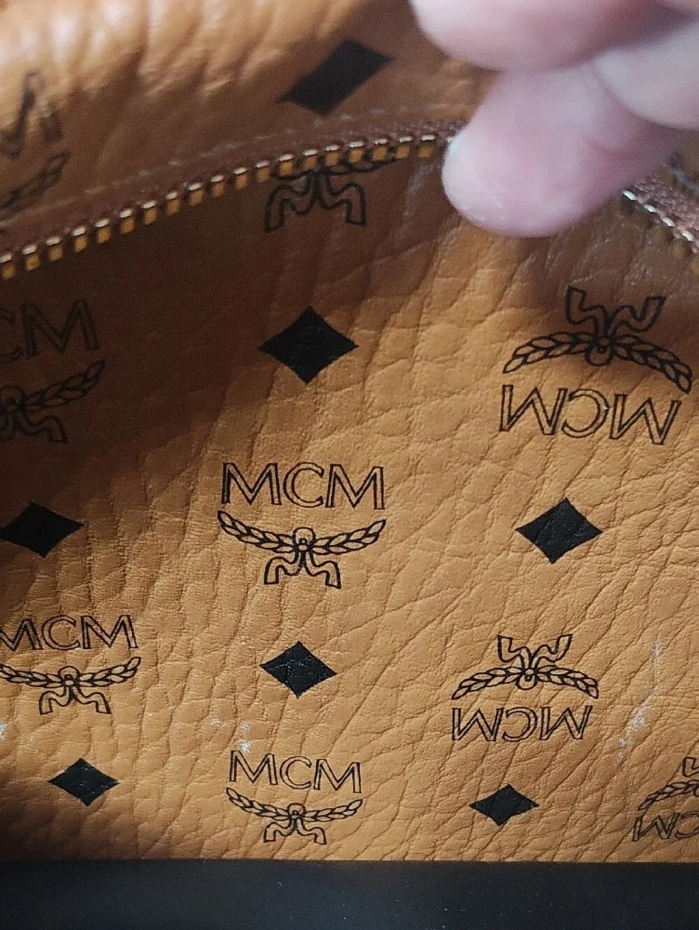 MCM Cognac Logo Print Leather Backpack with Gold Plate